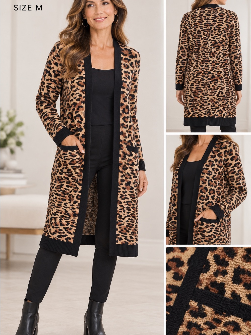 Chico's Leopard Print Open-Front Cardigan with Black Trim